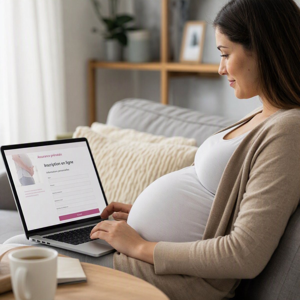 Femme enceinte souscrivant une assurance prénatale complémentaire en Suisse depuis son ordinateur