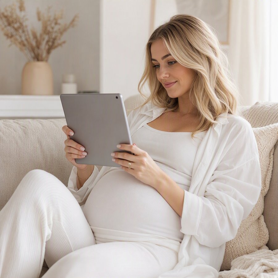 Future maman se renseignant en ligne sur les assurances complémentaires prénatales pour son bébé