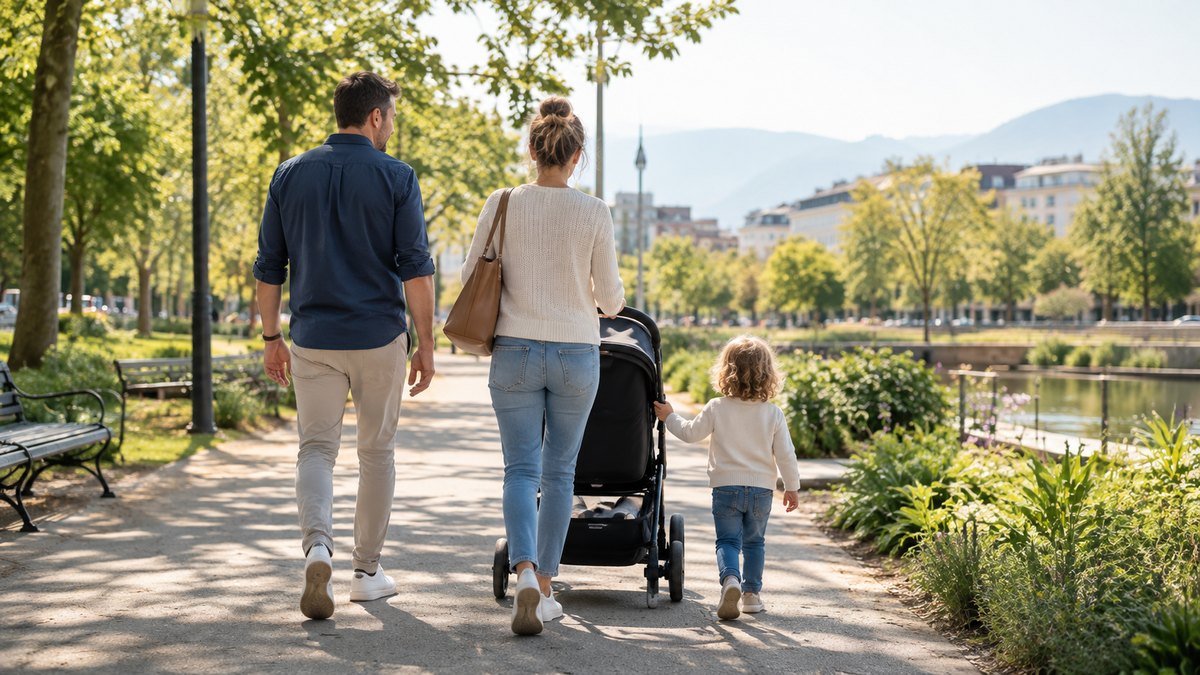 Famille en promenade avec une poussette dans un parc en Suisse