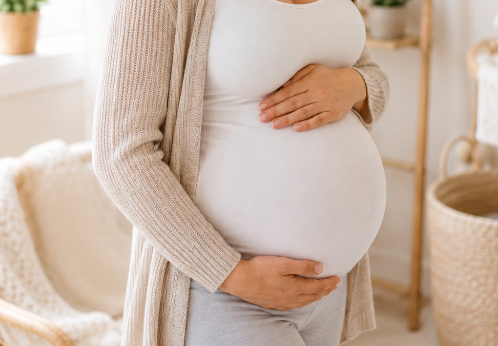 Femme enceinte, mains posées sur son ventre arrondi