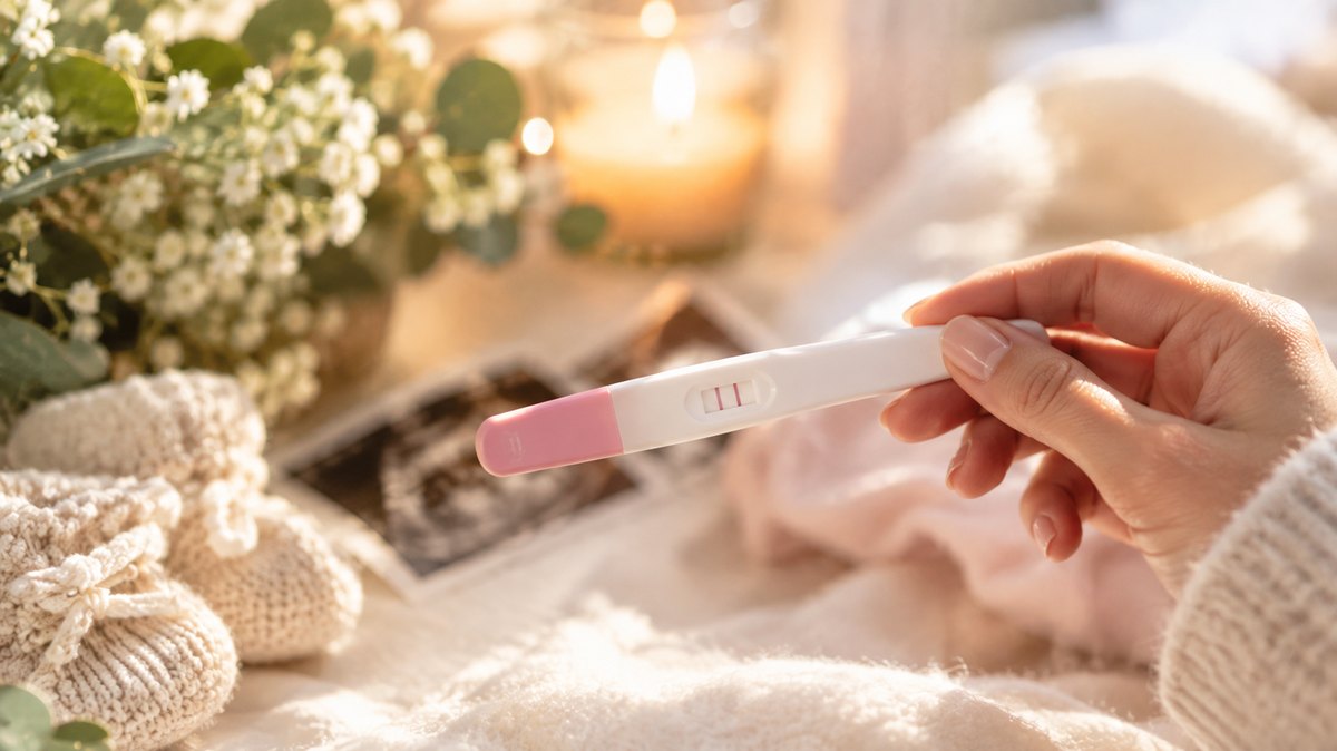 Test de grossesse positif posé près de chaussons de bébé